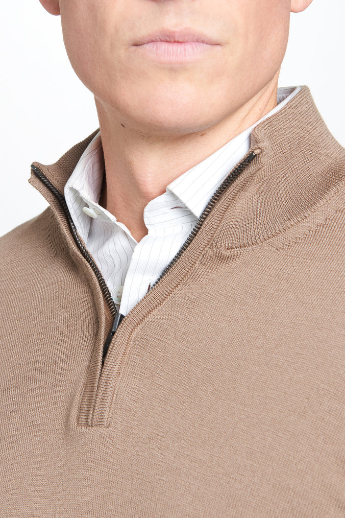 Camel Merino Wool Zip Neck Sweater