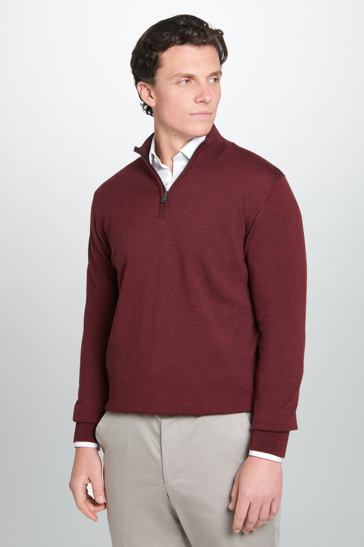 Burgundy Merino Wool Zip Neck Sweater