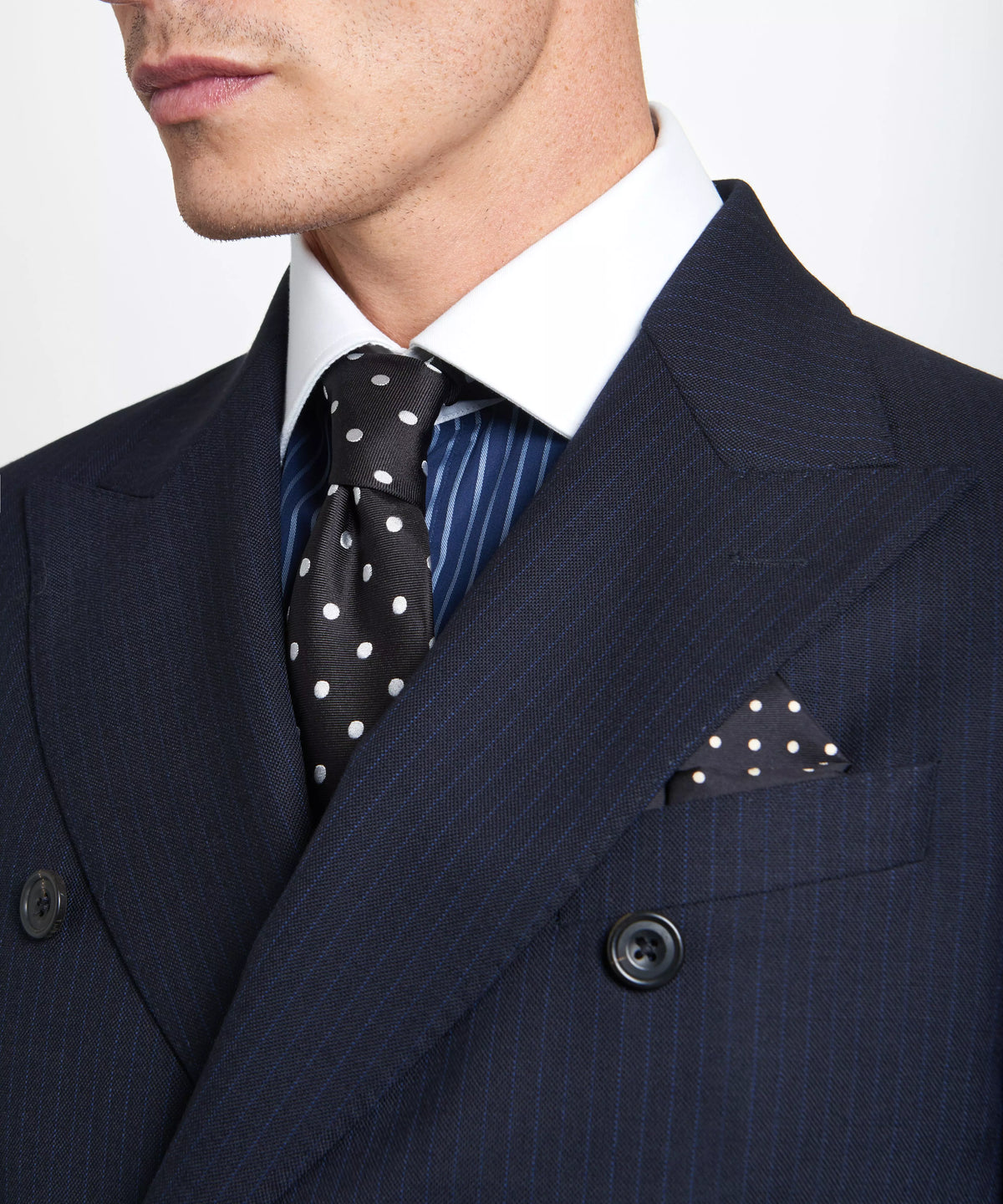 Navy Tailored Fit Chalk Stripe Double Breasted Jacket